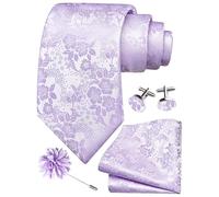 Gusleson Light Purple Tie for Men Wedding Silk Floral Lavender Necktie Pocket Square Cufflinks and Lapel Pin Brooch Set (UK6107-44)
