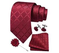 Gusleson Mens Burgundy Tie for Wedding Wine Red Plaid Checkered Necktie Pocket Square Cufflinks and Lapel Pin Brooch Set (UK6104-25)
