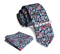 Gusleson Mens Colorful Cotton Ties for Wedding Black Slim Flora Tie Skinny Necktie and Pocket Square Clip Sets (UK0941-16)