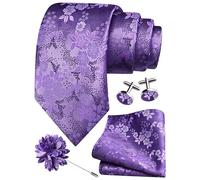 Gusleson Mens Lavender Purple Tie for Wedding Silk Floral Necktie Pocket Square Cufflinks and Lapel Pin Brooch Set (UK6107-21)