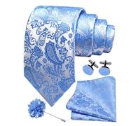 Gusleson Mens Light Blue Tie for Wedding Sky Blue Silk Paisley Necktie Pocket Square Cufflinks and Lapel Pin Brooch Set (UK6105-21)