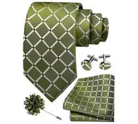 Gusleson Mens Olive Green Tie Plaid Checkered Wedding Solid Silk Necktie Pocket Square Cufflinks and Lapel Pin Brooch Set (UK6104-45)