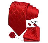 Gusleson Mens Red Tie Party Wedding Plaid Checkered Solid Silk Necktie Pocket Square Cufflinks and Lapel Pin Brooch Set (UK6104-16)