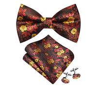 Gusleson Orange Red Bow Tie and Pocket Square Set for Men Floral Pre-Tied Bowties Cufflinks for Wedding (UK0493-30)
