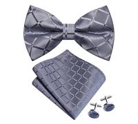 Gusleson Plaid Dark Grey Bow Tie Pocket Square Set for Wedding Pre-Tied Silk Bowties Handkerchief Cufflinks for Men (UK0494-09)