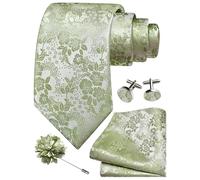 Gusleson Sage Green Tie for Men Wedding Silk Floral Necktie Pocket Square Cufflinks and Lapel Pin Brooch Set (UK6107-45)