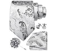 Gusleson Silver Black Tie Set for Men Silk Paisley Necktie Pocket Square Cufflinks and Lapel Pin Brooch Set for Wedding (UK6114-02)