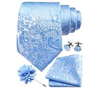 Gusleson Sky Blue Tie Set for Men Silk Paisley Necktie Pocket Square Cufflinks and Lapel Pin Brooch Set for Wedding (UK6114-12)