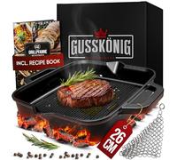 GUSSKÖNIG Cast IronPan - 26cm GriddlePan - Pre-Seasoned Cast-Iron SkilletPan - GrillPan for Gas & Induction Hob - SteakPan - Durable Cast Iron GriddlePan - Includes Cleaner & Recipe Book