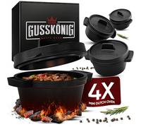 GUSSKÖNIG Dutch Oven Set Mini - 4x 300ml Cast Iron Mini Pots with Lids - Pre-Seasoned Mini Dutch Ovens - Cast Iron Mini Cocotte Serving Pans