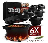 GUSSKÖNIG Mini Dutch Oven Set - 6x 300ml Cast Iron Mini Pots with Lids - Pre-Seasoned Mini Dutch Ovens - Cast Iron Mini Cocotte Serving Pans - Includes Recipe Book & Instruction Manual