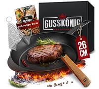 Gusskönig Pre-Seasoned Cast Iron Skillet Frying Pan 26cm Oven Safe Cookware for Indoor & Outdoor Use, Cast Iron Pan Induction, Skillet Pan Incl. Leather Handle, Scrubber and Recipe Book