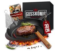 Gusskönig Pre-Seasoned Cast Iron Skillet Frying Pan 30cm Oven Safe Cookware for Indoor & Outdoor Use, Cast Iron Pan Induction, Skillet Pan Incl. Leather Handle, Scrubber and Recipe Book
