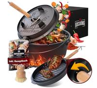 GUSSKÖNIG Pre-Seasoned Dutch Oven Set - 4.5 L Cast Iron Dutch Oven Pot with Lid, Fire Pot with Feet for Bread Baking & Cooking - Includes 2-in-1 Lid Lifter, Brush & Recipe Book [for 1-3 People]