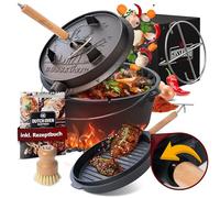 GUSSKÖNIG Pre-Seasoned Dutch Oven Set - 4.5 L Cast Iron Dutch Oven Pot with Lid, Fire Pot without Feet for Bread Baking & Cooking - Includes 2-in-1 Lid Lifter, Brush & Recipe Book [for 1-3 People]