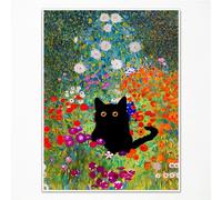 Gustav Klimt Canvas Wall Art, Black Cat Garden Flower Poster, Funny Cat Flower Print, Colourful Abstract Aesthetic for Bedroom, Bathroom, 40 x 60 cm, Unframed