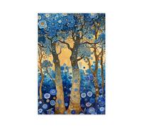 Gustav Klimt Dreamy Blue Forest And Flower Poster Art Print, Gustav Klimt Exhibition Inspired Artwork Vintage Oil Painting Wall Art Decor For Living Room Bedroom Office