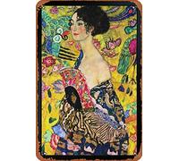 Gustav Klimt Lady With Fan Poster 1918 Woman With Fan Painting Asian Influenced Austrian Symbolist Painter Black Art Metal Tin Signs Room Stuff Wall Decor Sign 8x12 Inch
