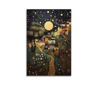 Gustav Klimt Starlit Village Path Under Golden Moon Poster Work Canvas Print, Whimsical Wall Art Decor for Living Room Bedroom Cozy Cottage Bohemian Home Nursery, Magical Night Scene Canvas Print P 1