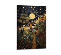 Gustav Klimt Starlit Village Path Under Golden Moon Poster Work Canvas Print, Whimsical Wall Art Decor for Living Room Bedroom Cozy Cottage Bohemian Home Nursery, Magical Night Scene Canvas Print P 2