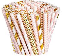 Gusto [200 Pack] Pink & Gold Paper Straws Disposable, 100% Biodegradable Multi-Pattern Party Straws for Birthday, Wedding and Holiday Decoration - Formerly Comfy Package