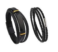 GUSXPPD 2 PCS Men's Braided Leather Bracelet, Multi-Layer Braided Genuine Leather Bracelet, Leather Bracelet with Steel Magnetic Clasp, Classic Handmade Braided Cuff Bracelet, Gift for Men (Gold)
