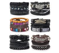GUSXPPD 6Pcs Leather Bracelet, PU Leather Bracelet Man Black, Adjustable Fashion Punk Braide for Men and Wome Cuff Vintage Bracelets Brown, Punk Cuff Wrap Bracelets for Men Women (24PCS Set)