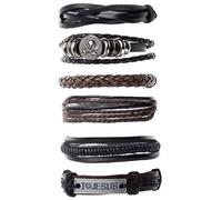 GUSXPPD 6Pcs Leather Bracelet, PU Leather Bracelet Man Black, Adjustable Fashion Punk Braide for Men and Wome Cuff Vintage Bracelets Brown, Punk Cuff Wrap Bracelets for Men Women (A)