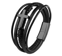 GUSXPPD Mens Leather Bracelet, Cross Bracelet for Men Women, Black Braided Genuine Leather Bracelets with Magnetic Clasp, Classic Handmade Bracelets, Jewellery Gift for Men (Black)