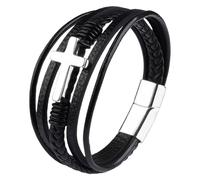 GUSXPPD Mens Leather Bracelet, Cross Bracelet for Men Women, Black Braided Genuine Leather Bracelets with Magnetic Clasp, Classic Handmade Bracelets, Jewellery Gift for Men (Silver)