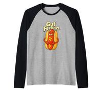 Gut Feelings Comic Hot Dog Food Pun Raglan Baseball Tee