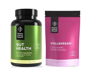 Gut Health + Vegan Collagen Bundle, from Positive Science People. Convenient and Money-Saving Offer to optimise Skin and Hair Health, Starting with Your Gut. 26 Active Ingredients. 30-Day Supply.