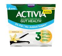 Gut Health Yoghurt Activias Multipacks Rhubarb, Strawberry, Vanilla and Blueberry 4x115g (Vanilla Sugar Free 4x115g)
