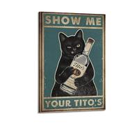 GUTAITER Show Me Your Tito's-Black Cat Vintage Motivational Poster Attractive Retro Wall Art Canvas Prints for Room Aesthetic 20x30inch(50x75cm) Frame-style