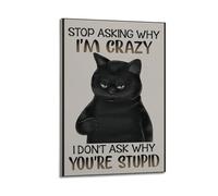 GUTAITER Stop Asking Why I'm Crazy-Black Cat Motivational Posters Retro Aesthetic Inspiring Wall Art Canvas Prints for Classroom Ofiice08x12inch(20x30cm) Frame-style-3