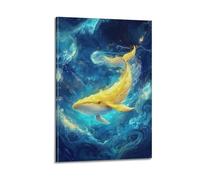 GUTAITER Vibrant Golden Whale of The Abyss, Blue And Golden Swirling Background Posters Retro Aesthetic Inspiring Wall Art Canvas Prints for Classroom Ofiice12x18inch(30x45cm) Frame-style