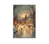 GUTAITER Winter Town Vintage Christmas Mural with Skating Scene, Snow-Covered Village & Warm Lights Posters Retro Aesthetic Inspiring Wall Art Canvas Prints for Classroom Ofiice24x36inch(60x90cm) Unf
