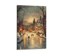 GUTAITER Winter Town Vintage Christmas Mural with Skating Scene, Snow-Covered Village & Warm Lights Posters Retro Aesthetic Inspiring Wall Art Canvas Prints for Classroom Ofiice20x30inch(50x75cm) Fra