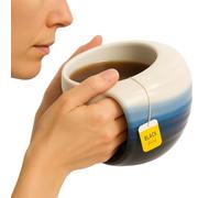 GUTE Handmade Pottery Double Hand Warmer Mug - 14 oz Ceramic Coffee Mug with Contoured Pockets for Both Hands Clay, Dishwasher & Microwave Safe, Comfy Blue - Winter Stocking Stuffer Gift