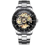 GuTe IK Casual Mens Black Steel Skeleton Automatic Mechanical Wristwatch Golden Dial Tachymeter