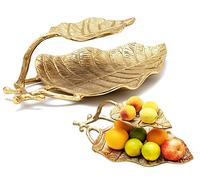 GUTE Large Decorative Gold Leaf 2 Tier Serving Centerpiece Tray for Fruits, Appetizers, Meat, Fish, Cakes Hors D'vour, Fruit Catch All Golden Leaves Vine, Stainless Brass, Home Decor 18" Long -