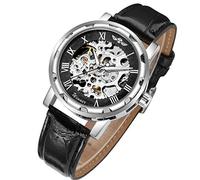 GuTe Steampunk Men’s Analogue Self Wind Mechanical Skeleton Watch Roman Numeral Black Leather Strap Luminous Silver Black Tone