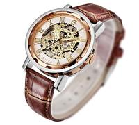 Gute Steampunk Men’s Skeleton Mechanical Wrist Watch Hand Wind Analogue Roman Numeral Brown Leather Strap Luminous Hands Rose Golden Dial
