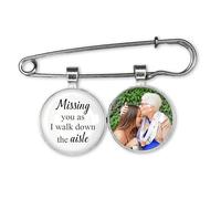 GuteGifts Missing you as I walk down the aisle-Personalised Wedding Bouquet Photo Bridal Charm with Lapel Pin Bride Remembering Dad Mum Boutonniere Custom Memory Memorial Keepsake (White)