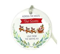 GuteGifts Personalised ACROSS THE MILES Christmas Ceramic Bauble Customize with Any Name Gift for Friends,Family Member, Xmas Tree Decor Ornaments 2021 Hanging Sign Keepsake, White