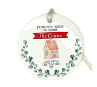 GuteGifts Personalised Christmas 2021 Ceramic Bauble - FROM OUR HOUSE TO YOURS - Gift for Family Member/Friends/Colleague Ornaments Xmas Tree Decor Merry Christmass Hanging Sign Keepsake, White