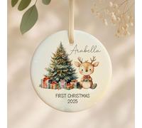 GuteGifts Personalised First Christmas Bauble Floral Design Customize with Name & Initial Gift for Newborn Baby Girls Pink Ceramic Ornaments Christmas Xmas Tree Decor Keepsake Baby Shower