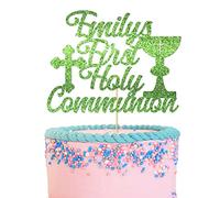 GuteGifts Personalised First Holy Communion Cake Topper - Grail Cross Christening Baptism Confirmation 1st Communion Party Decor Multicolour Glitter Hand Finished in UK (Green)