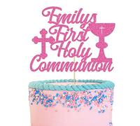 GuteGifts Personalised First Holy Communion Cake Topper - Grail Cross Christening Baptism Confirmation 1st Communion Party Decor Multicolour Glitter Hand Finished in UK (Hot Pink)