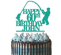 GuteGifts Personalised Fishing Cake Topper | Custom with Any Name Any Age Celebration Fisherman Happy Birthday Party Decoration for Him Men Dad | Fishing Lover